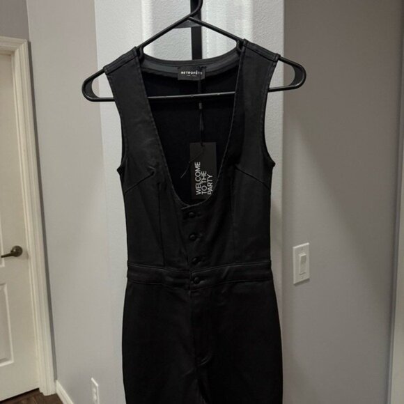Retrofete Black Coated Denim Jumpsuit Plunge Flare Leg Black Size Small NWT - Picture 6 of 9